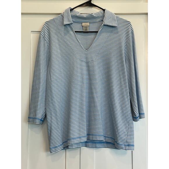 L.L. Bean Lt. Blue and white stripe 3/4 sleeve collared V. neck L-Petite - Picture 1 of 9
